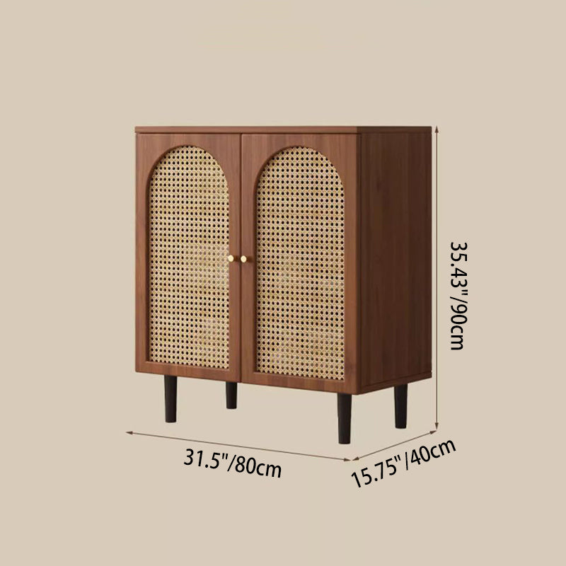Traditional French Engineered Wood Glass Rattan Rectangular Cylindrical Storage Cabinet 2-Tier For Living Room