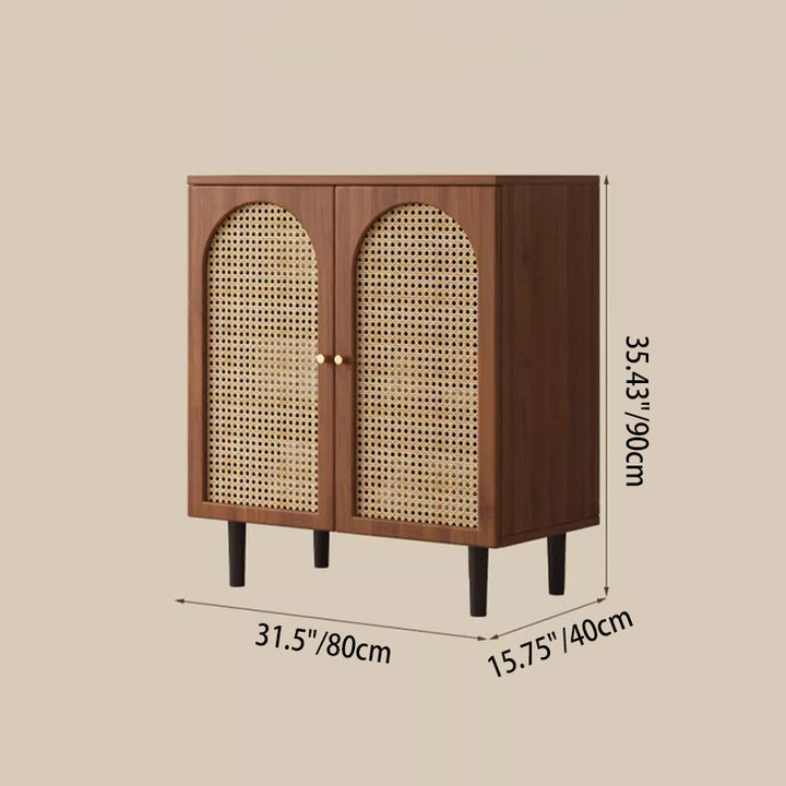 Armoire de rangement rectangulaire cylindrique à 2 niveaux en bois d’ingénierie, verre et rotin, style français traditionnel, pour salon 