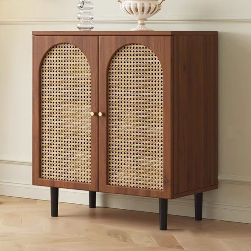 Traditional French Engineered Wood Glass Rattan Rectangular Cylindrical Storage Cabinet 2-Tier For Living Room