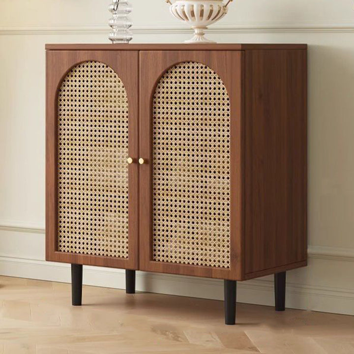 Traditional French Engineered Wood Glass Rattan Rectangular Cylindrical Storage Cabinet 2-Tier For Living Room