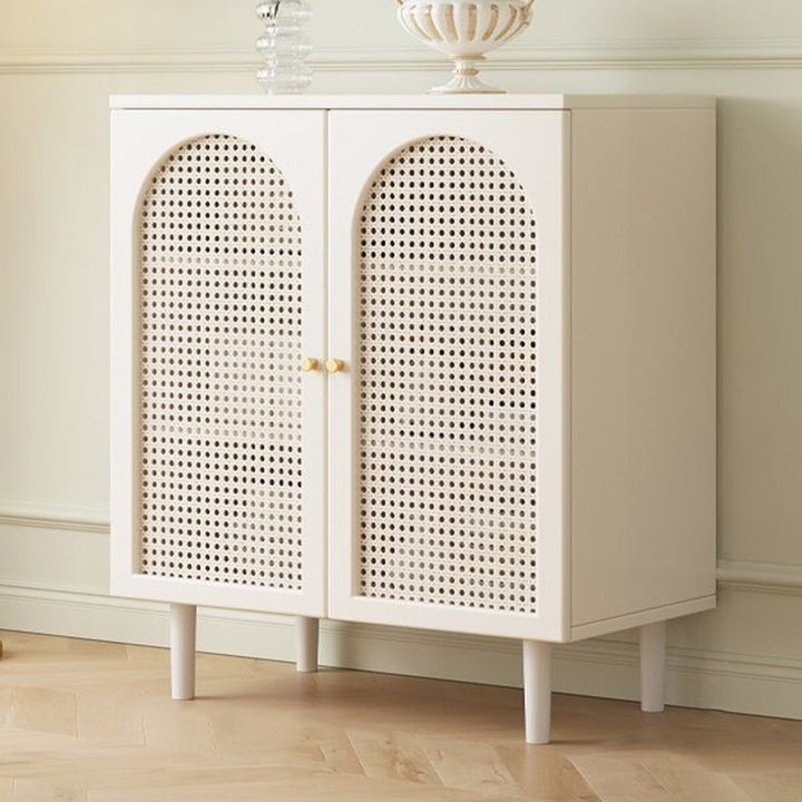 Armoire de rangement rectangulaire cylindrique à 2 niveaux en bois d’ingénierie, verre et rotin, style français traditionnel, pour salon 