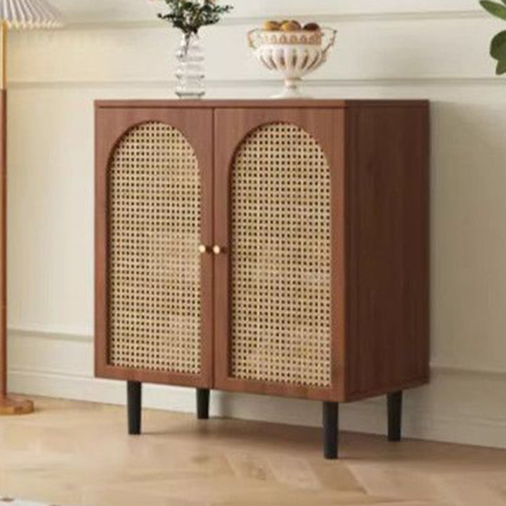 Traditional French Engineered Wood Glass Rattan Rectangular Cylindrical Storage Cabinet 2-Tier For Living Room