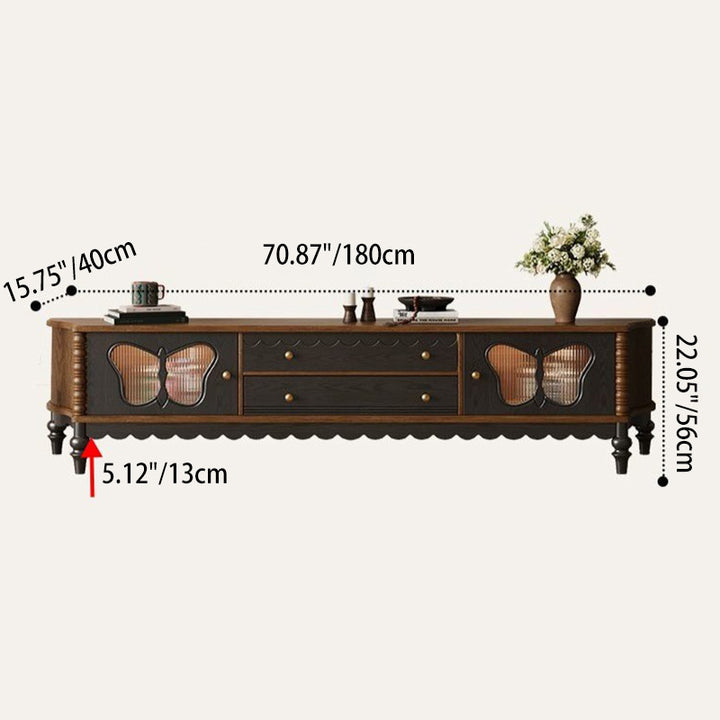 Traditioneller französischer TV-Ständer aus Eschenholz mit Glas-Schmetterling, abgerundeter rechteckiger Form und 2 Schubladen für das Wohnzimmer 