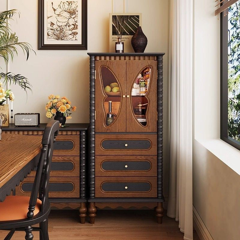Traditional French Ash Wood Glass Butterfly Round Rectangular Storage Cabinet 2/3-Drawer For Living Room