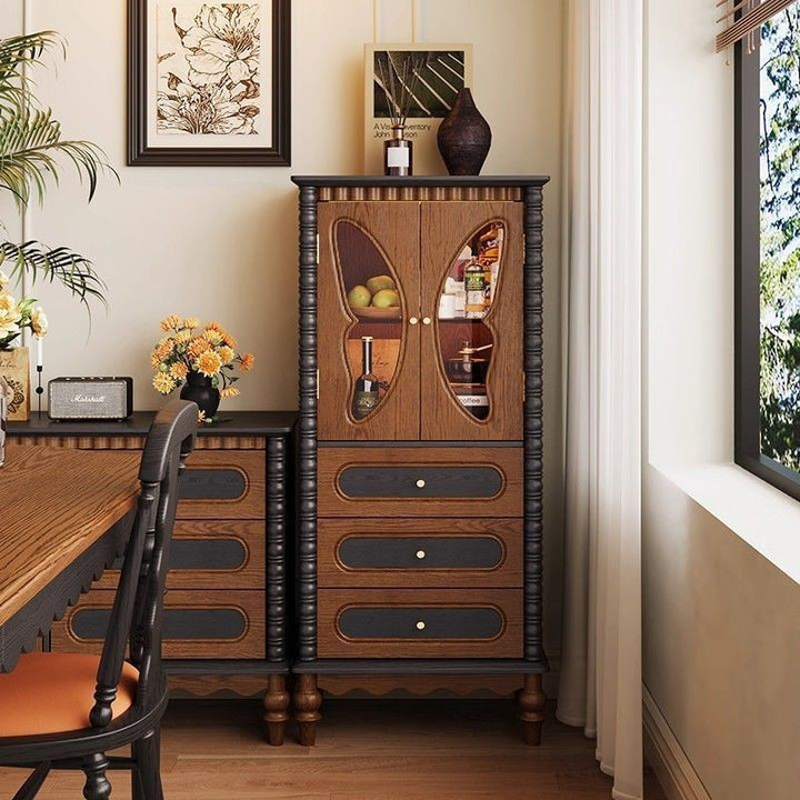 Traditional French Ash Wood Glass Butterfly Round Rectangular Storage Cabinet 2/3-Drawer For Living Room