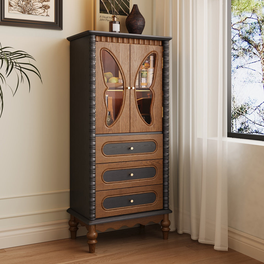 Traditional French Ash Wood Glass Butterfly Round Rectangular Storage Cabinet 2/3-Drawer For Living Room
