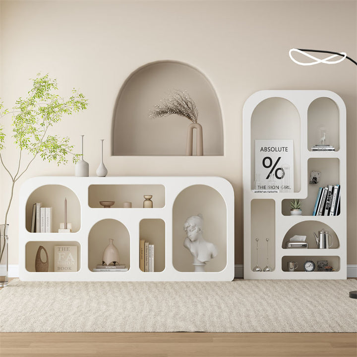 Moderner minimalistischer Schrank aus Holz mit gewölbtem, abgerundetem, rechteckigem Stauraum, 6 Schränke für das Wohnzimmer 