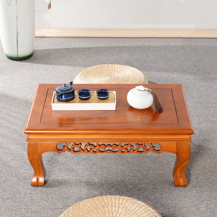 Traditional Chinese Elm Wood Carved Rectangular Coffee Table With 1-Tier For Living Room