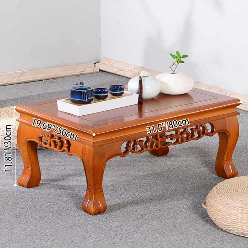 Traditional Chinese Elm Wood Carved Rectangular Coffee Table With 1-Tier For Living Room