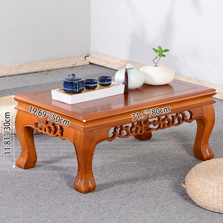Traditional Chinese Elm Wood Carved Rectangular Coffee Table With 1-Tier For Living Room
