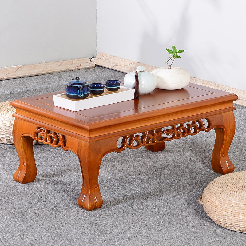 Traditional Chinese Elm Wood Carved Rectangular Coffee Table With 1-Tier For Living Room