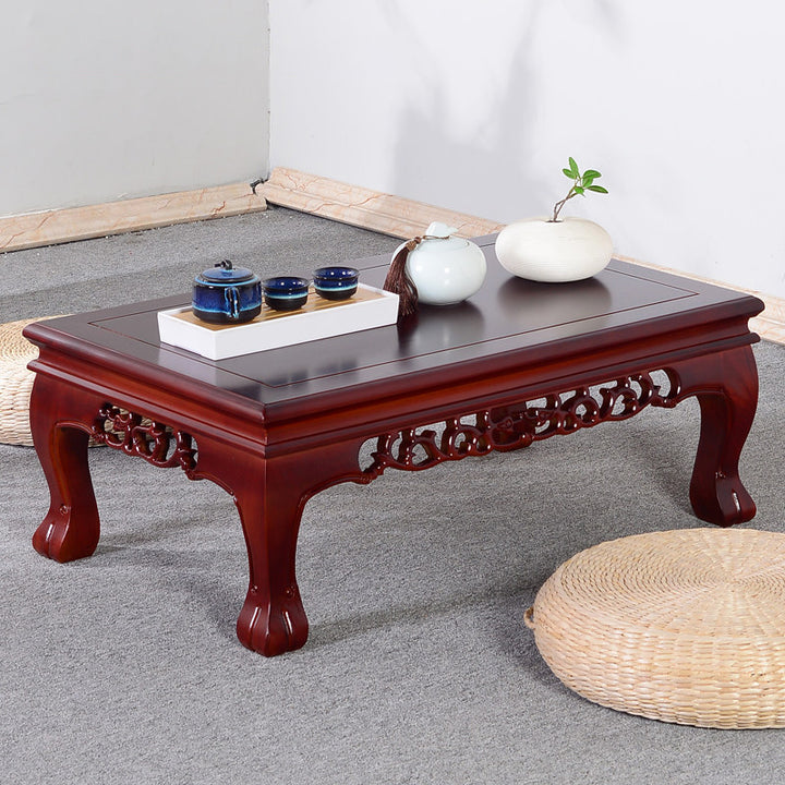 Traditional Chinese Elm Wood Carved Rectangular Coffee Table With 1-Tier For Living Room