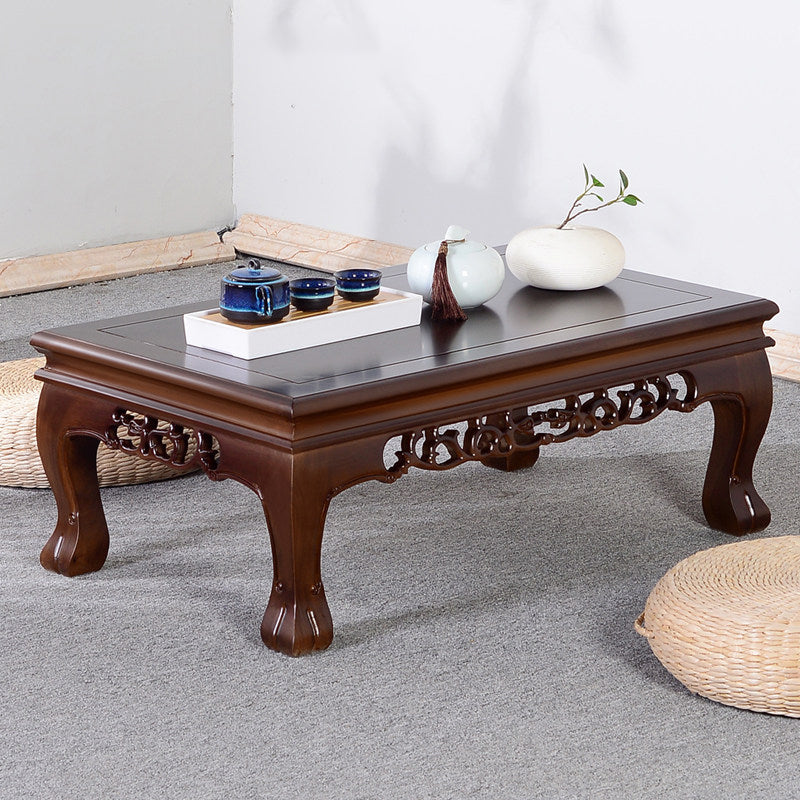 Traditional Chinese Elm Wood Carved Rectangular Coffee Table With 1-Tier For Living Room
