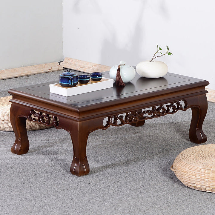 Traditional Chinese Elm Wood Carved Rectangular Coffee Table With 1-Tier For Living Room
