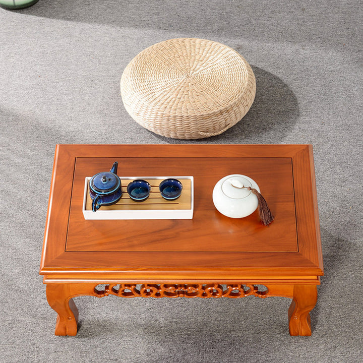 Traditional Chinese Elm Wood Carved Rectangular Coffee Table With 1-Tier For Living Room