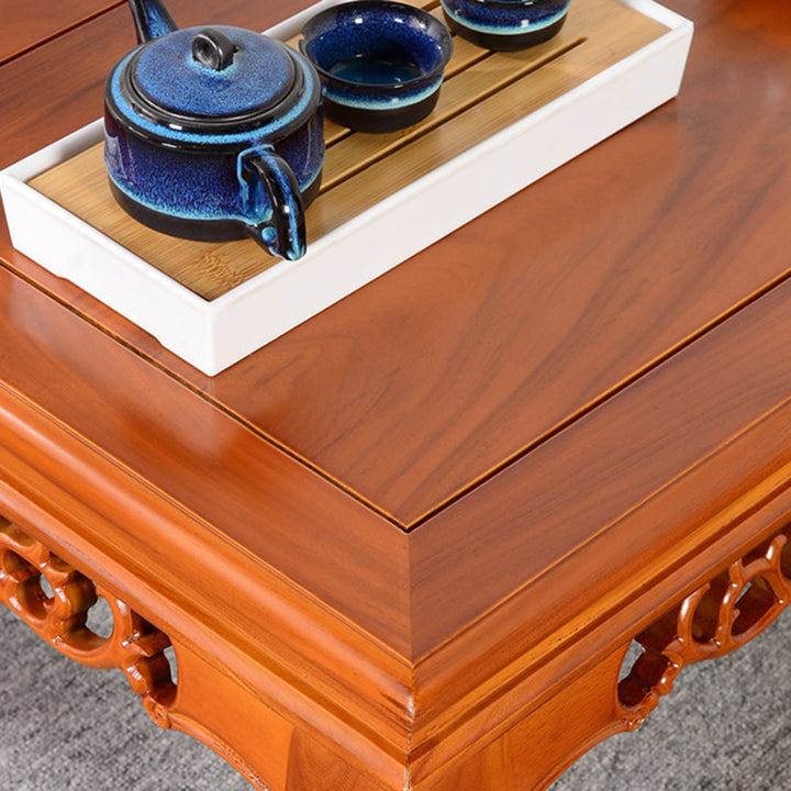 Traditional Chinese Elm Wood Carved Rectangular Coffee Table With 1-Tier For Living Room