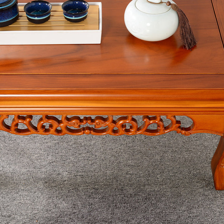 Traditional Chinese Elm Wood Carved Rectangular Coffee Table With 1-Tier For Living Room