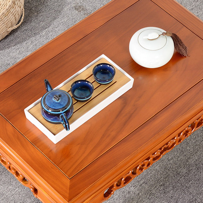 Traditional Chinese Elm Wood Carved Rectangular Coffee Table With 1-Tier For Living Room