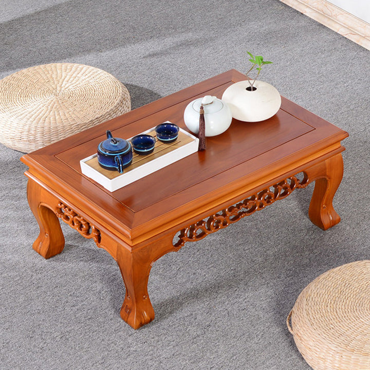Traditional Chinese Elm Wood Carved Rectangular Coffee Table With 1-Tier For Living Room