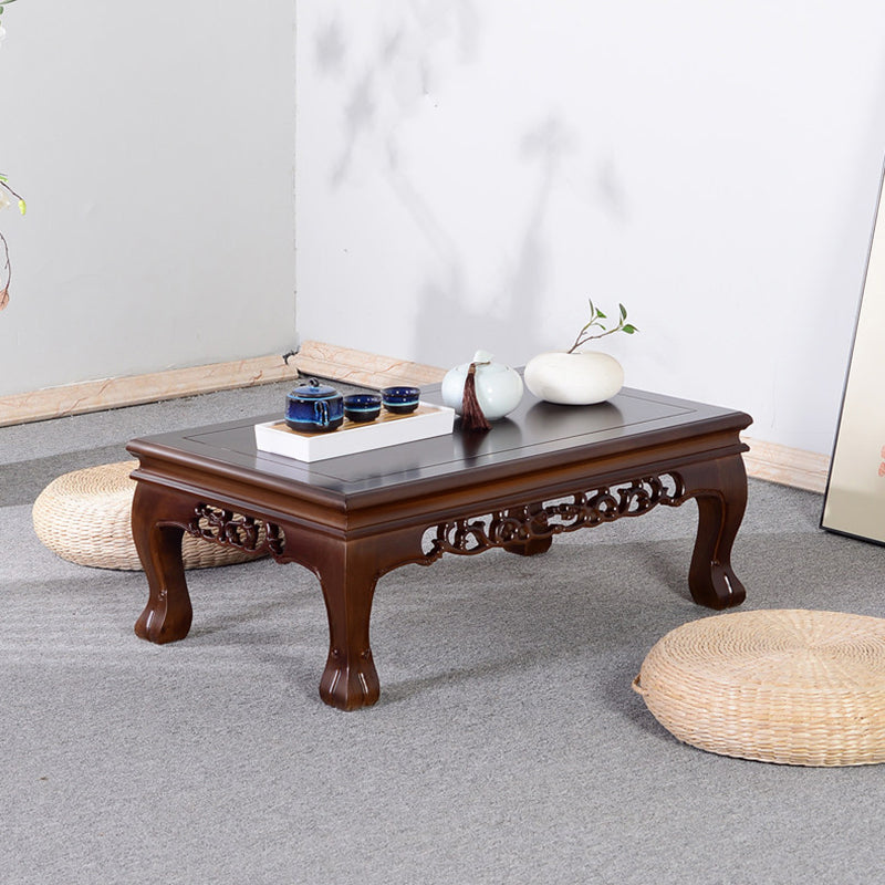 Traditional Chinese Elm Wood Carved Rectangular Coffee Table With 1-Tier For Living Room