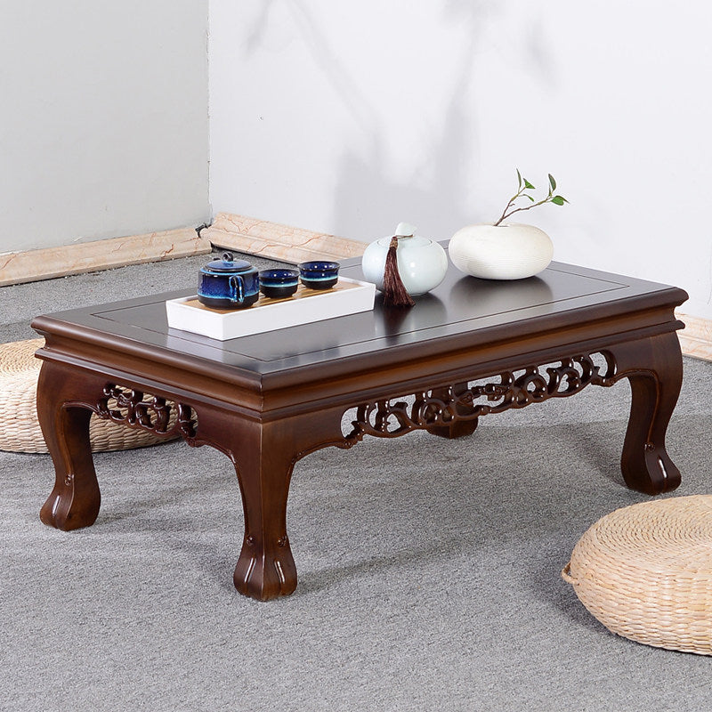 Traditional Chinese Elm Wood Carved Rectangular Coffee Table With 1-Tier For Living Room