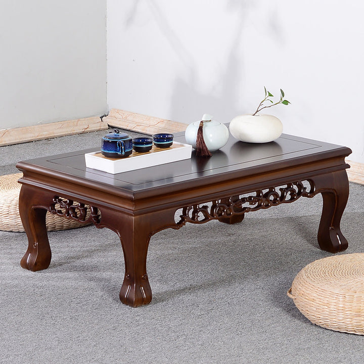 Traditional Chinese Elm Wood Carved Rectangular Coffee Table With 1-Tier For Living Room