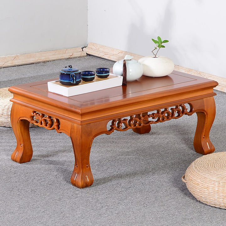 Traditional Chinese Elm Wood Carved Rectangular Coffee Table With 1-Tier For Living Room