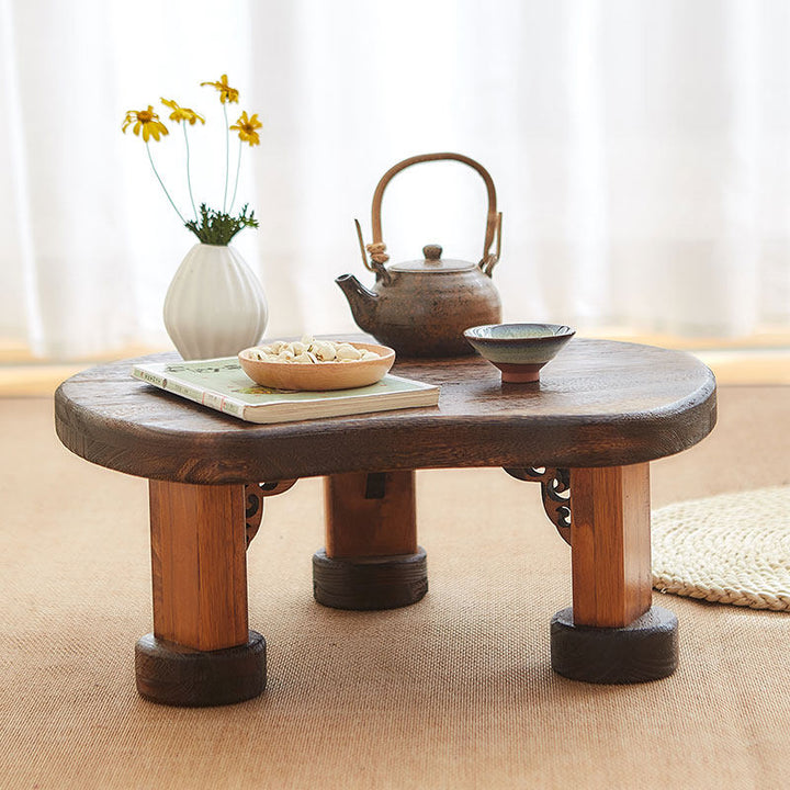 Traditioneller japanischer rechteckiger Couchtisch aus massivem Holz in Halbmondform mit 1 Ebene für das Wohnzimmer 