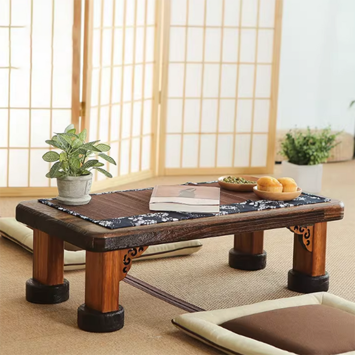 Traditioneller japanischer rechteckiger Couchtisch aus massivem Holz in Halbmondform mit 1 Ebene für das Wohnzimmer 