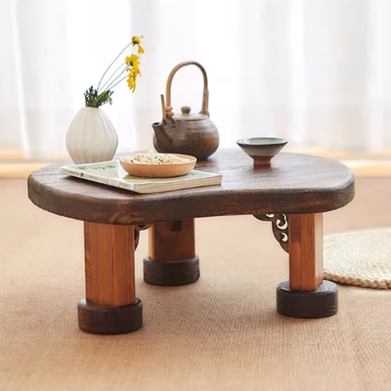 Traditioneller japanischer rechteckiger Couchtisch aus massivem Holz in Halbmondform mit 1 Ebene für das Wohnzimmer 