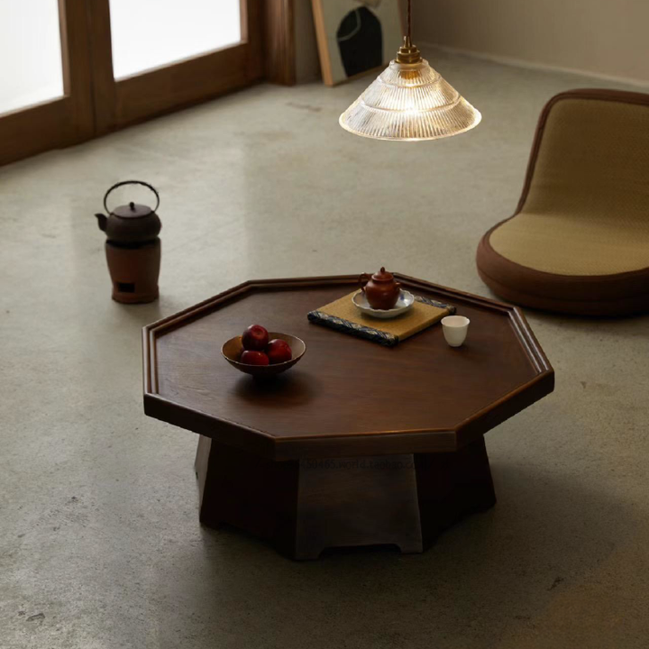 Mesa de café octogonal de madera de fresno vintage tradicional con 1 nivel para sala de estar 