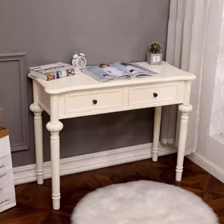Moderne minimalistische Schminktisch aus Kiefernholz mit rechteckiger runder Form und 2 Schubladen für das Schlafzimmer 