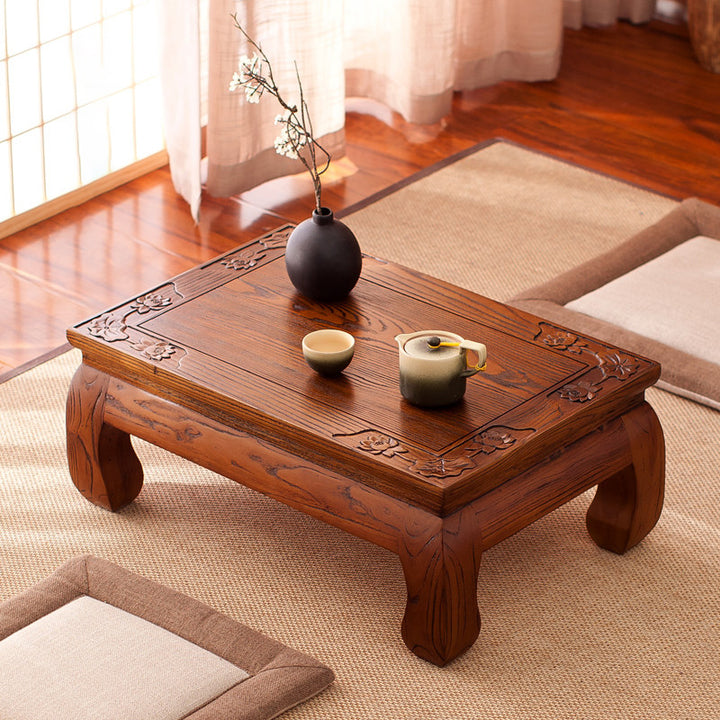 Traditional Japanese Elm Wood Rectangular Curved Coffee Table 1-Tier For Living Room