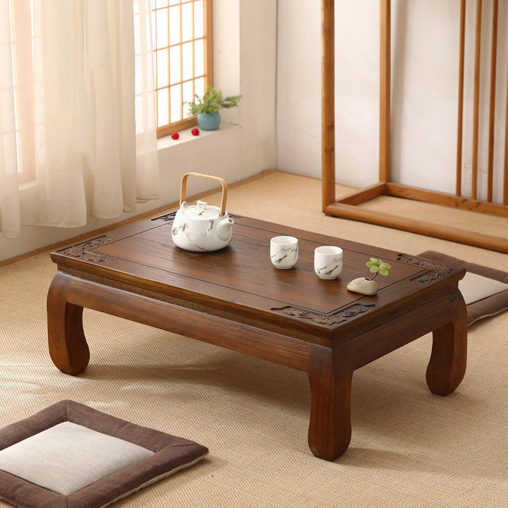 Traditional Japanese Elm Wood Rectangular Curved Coffee Table 1-Tier For Living Room