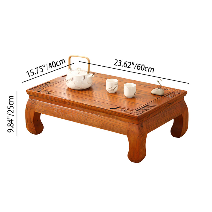 Traditional Japanese Elm Wood Rectangular Curved Coffee Table 1-Tier For Living Room