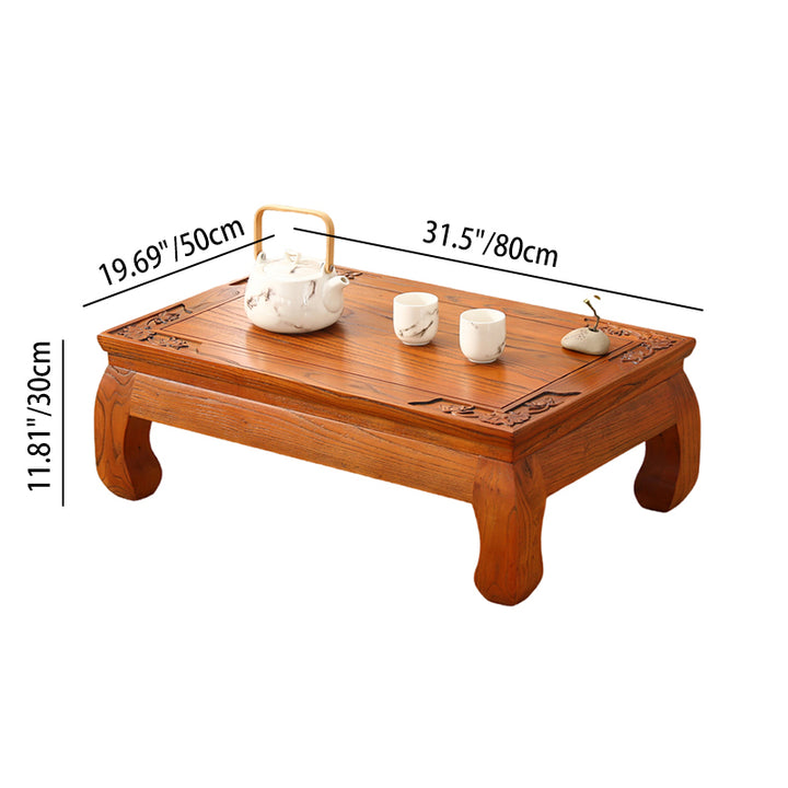 Traditional Japanese Elm Wood Rectangular Curved Coffee Table 1-Tier For Living Room