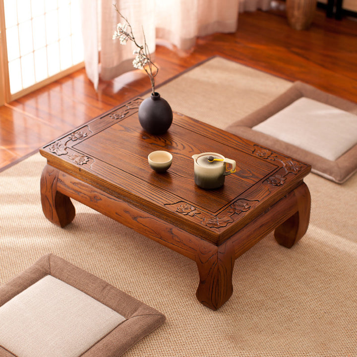 Traditional Japanese Elm Wood Rectangular Curved Coffee Table 1-Tier For Living Room