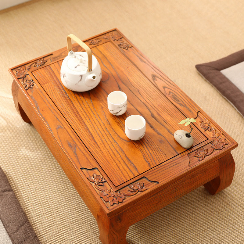 Traditional Japanese Elm Wood Rectangular Curved Coffee Table 1-Tier For Living Room