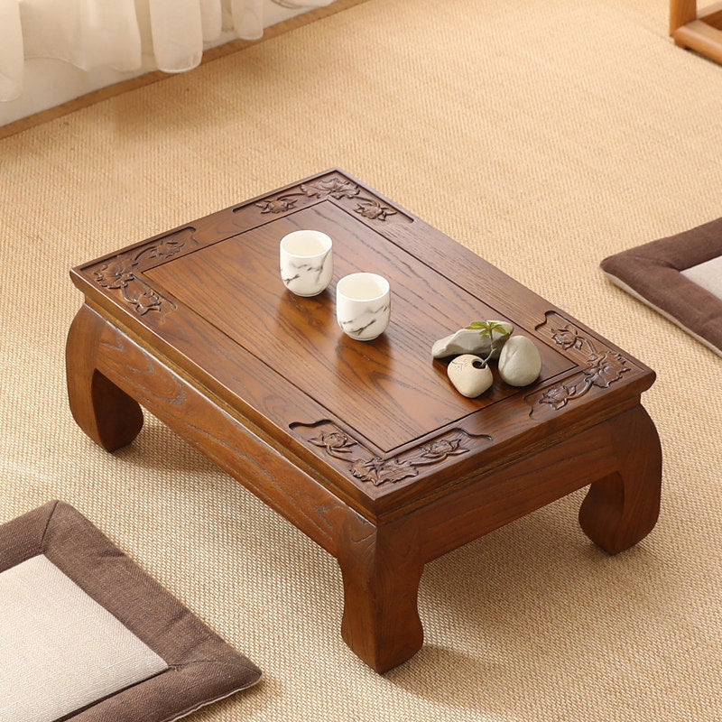Traditional Japanese Elm Wood Rectangular Curved Coffee Table 1-Tier For Living Room