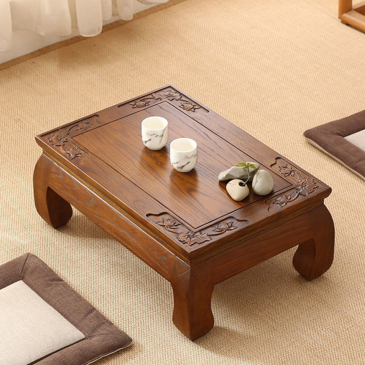 Traditional Japanese Elm Wood Rectangular Curved Coffee Table 1-Tier For Living Room