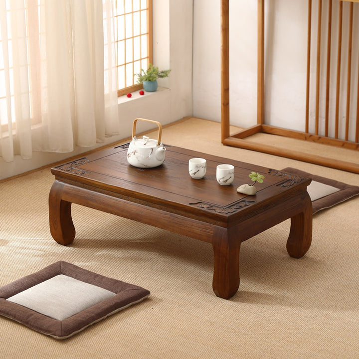 Traditional Japanese Elm Wood Rectangular Curved Coffee Table 1-Tier For Living Room