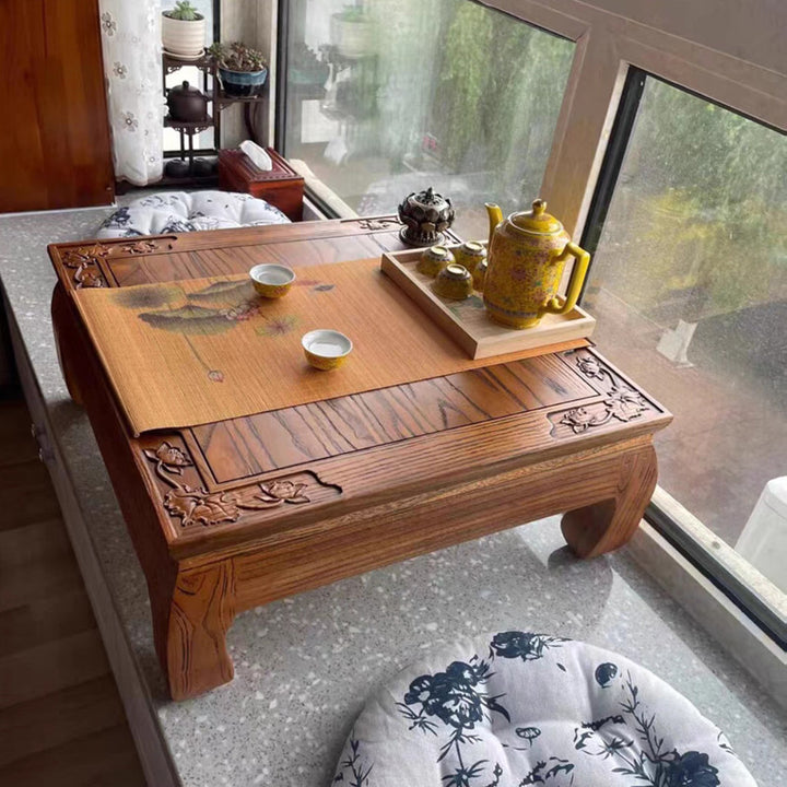 Traditional Japanese Elm Wood Rectangular Curved Coffee Table 1-Tier For Living Room