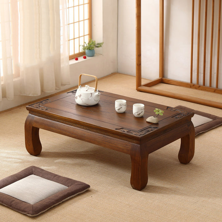 Traditional Japanese Elm Wood Rectangular Curved Coffee Table 1-Tier For Living Room