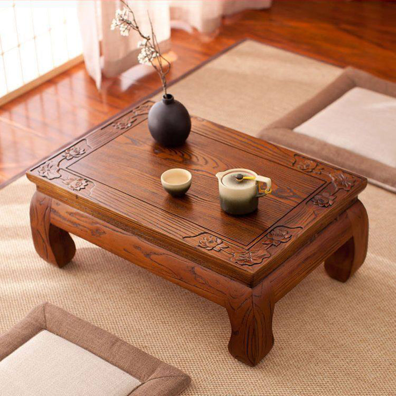 Traditional Japanese Elm Wood Rectangular Curved Coffee Table 1-Tier For Living Room