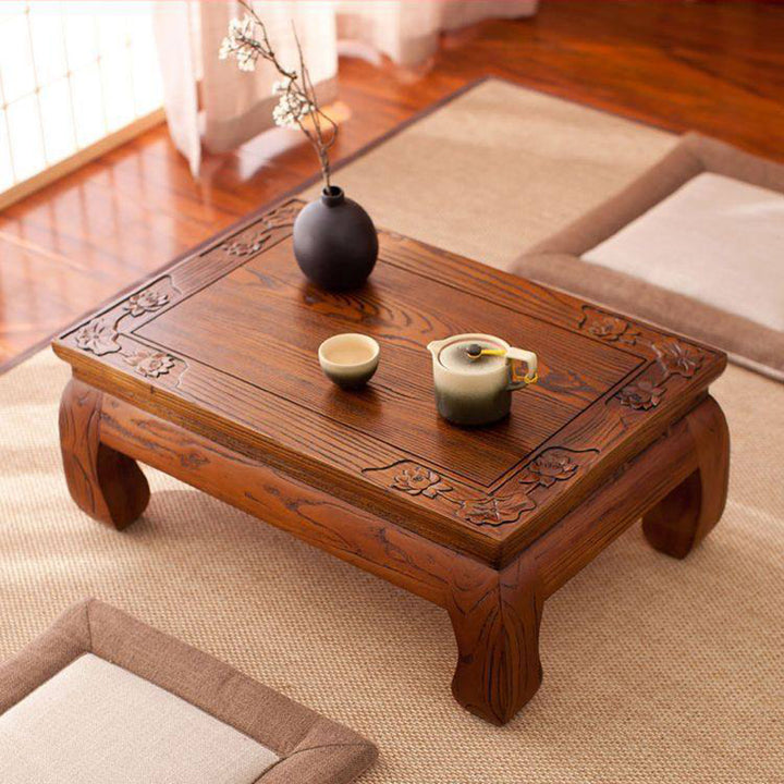Traditional Japanese Elm Wood Rectangular Curved Coffee Table 1-Tier For Living Room
