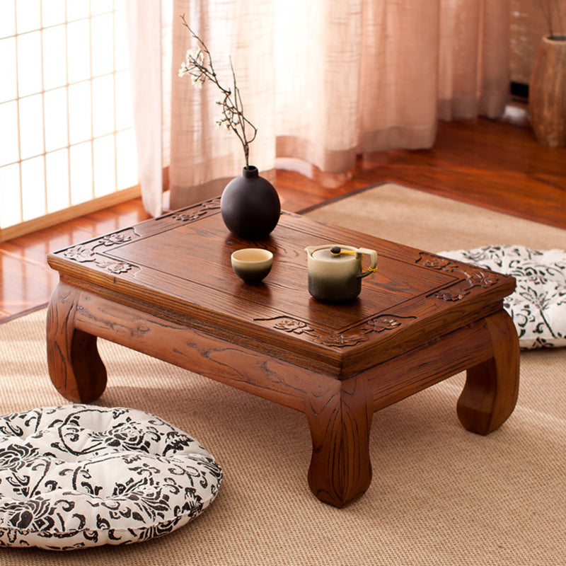 Traditional Japanese Elm Wood Rectangular Curved Coffee Table 1-Tier For Living Room