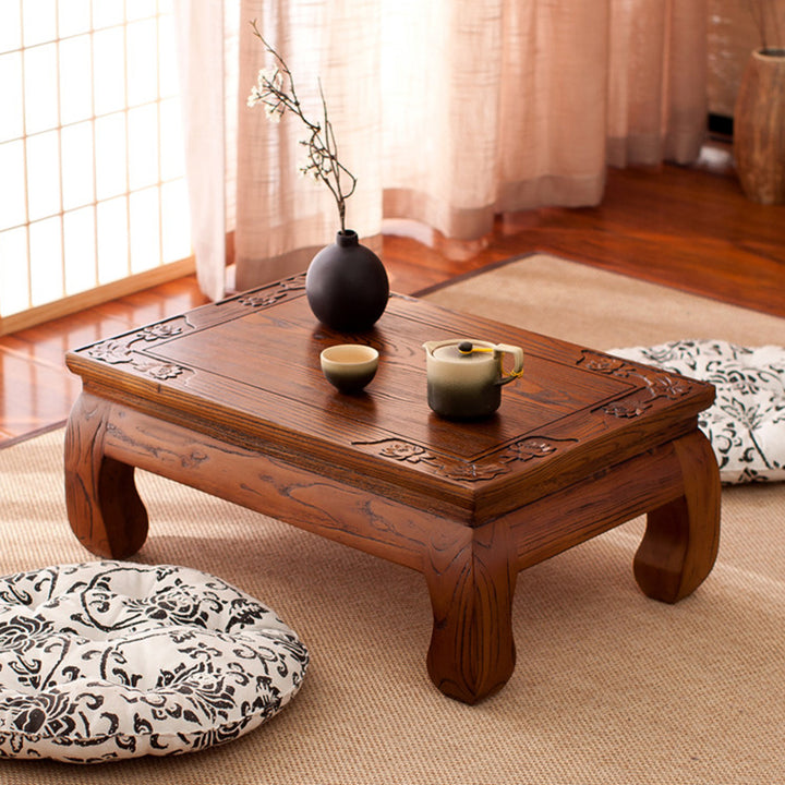 Traditional Japanese Elm Wood Rectangular Curved Coffee Table 1-Tier For Living Room