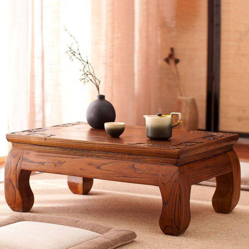 Traditional Japanese Elm Wood Rectangular Curved Coffee Table 1-Tier For Living Room