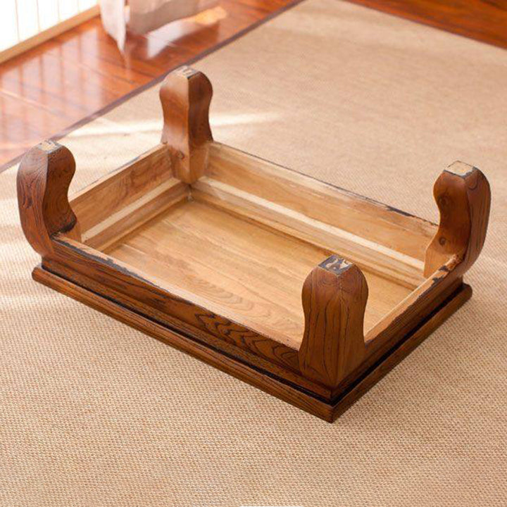 Traditional Japanese Elm Wood Rectangular Curved Coffee Table 1-Tier For Living Room