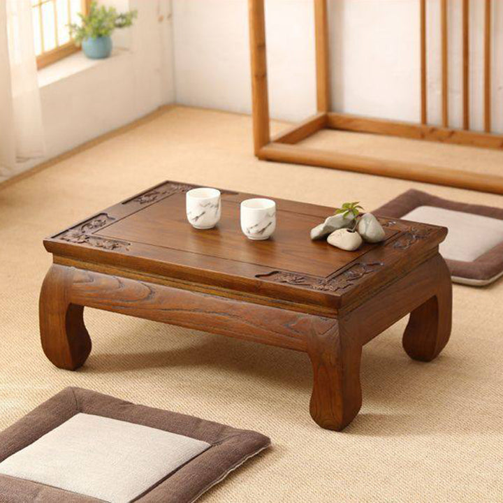 Traditional Japanese Elm Wood Rectangular Curved Coffee Table 1-Tier For Living Room
